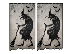 Cortina Porta Halloween Bruxa Renda Preta Pendente Malha 102x213cm Poliéster Pacote com 2