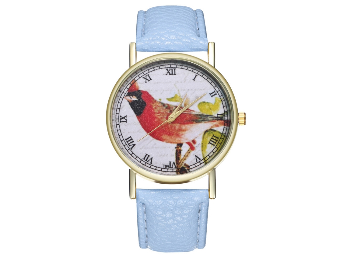 Relógio feminino de quartzo com pulseira de couro PU, estampa de pássaros azul claro, estilo casual.