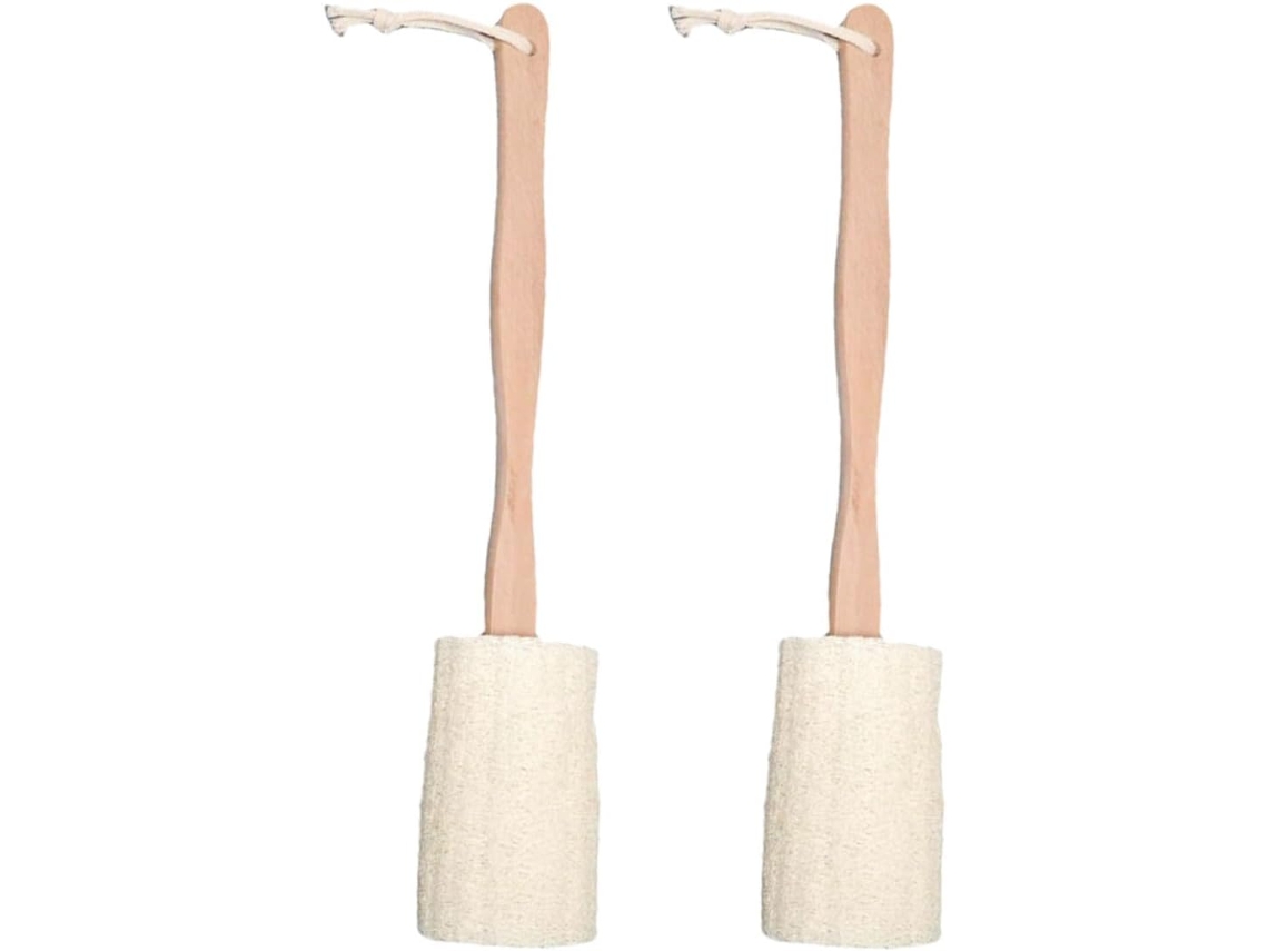 Conjunto De 2 Escovas Banho Esfoliantes Com Cabos Longos Madeira, Esponja De Bucha Vegetal Natural, Escova Para As