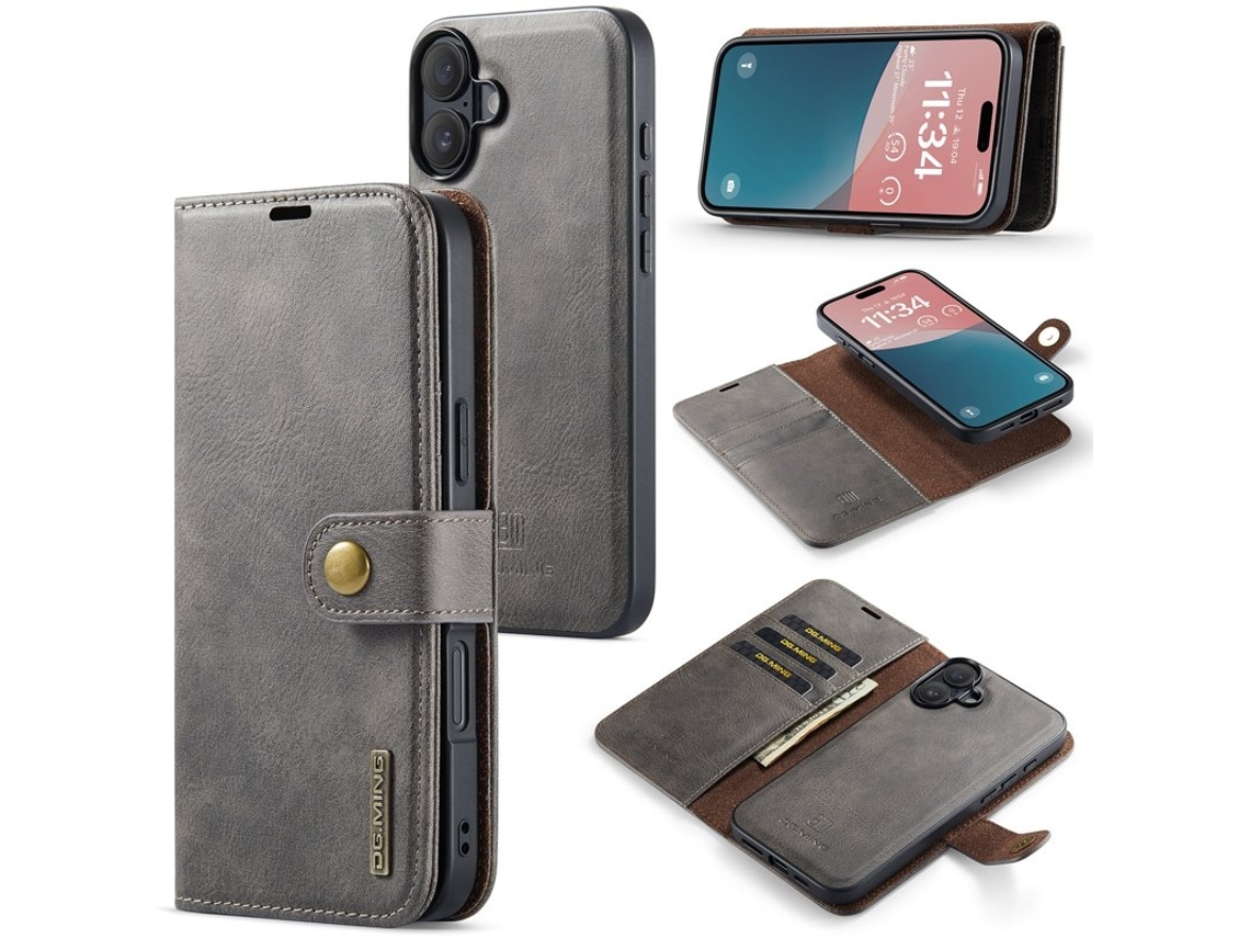 Capa Carteira Dg.ming Para Iphone 17 Em Couro Genuíno Removível - Cinza