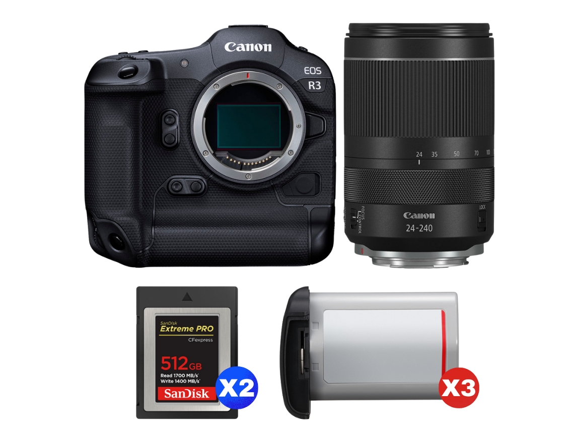 Eos R3 + Rf 24 240mm F/4 6.3 Is Usm + 2 Sandisk 512gb Extreme Pro Cfexpress Type B + 3 Canon Lp e19 + Ebook Pricedirect CANON