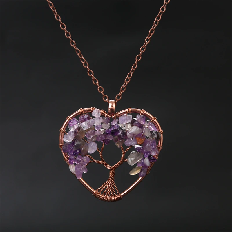 Colar com Pingente em Forma de Coração de Cristal de Ametista para Cura Dos Chakras, Representando a Árvore da Vida. MDUG