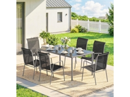 Conjunto De Jardim 7pz Com 6 Cadeiras Empilháveis Em Textilene E Mesa Café Tampo Vidro, Preto Prata