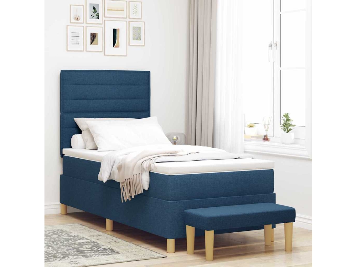 Vidaxl Cama Box Com Cabeceira Azul 200 X 90 Cm Tecido
