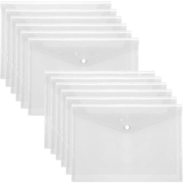 Pacote com 12 Pastas, Pastas Plásticas, Transparentes, Tamanho A4, Impermeáveis​​, Polietileno, Fecho de Pressão BRILVIBERA