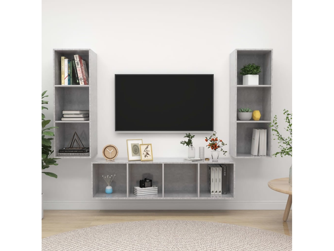 Vidaxl 3 Pcs Conjunto De Móveis De Tv Contraplacado Cinzento Cimento