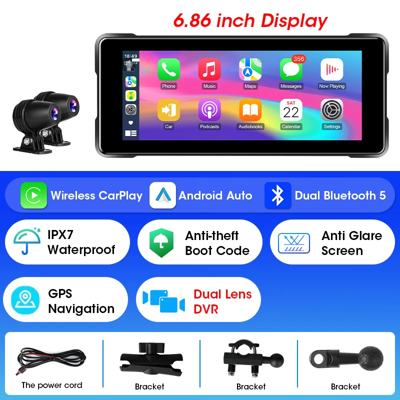 (carplay Dvr) Navegação Para Motocicleta De 6,86 Polegadas, Carplay Sem Fio, À Prova D'água.