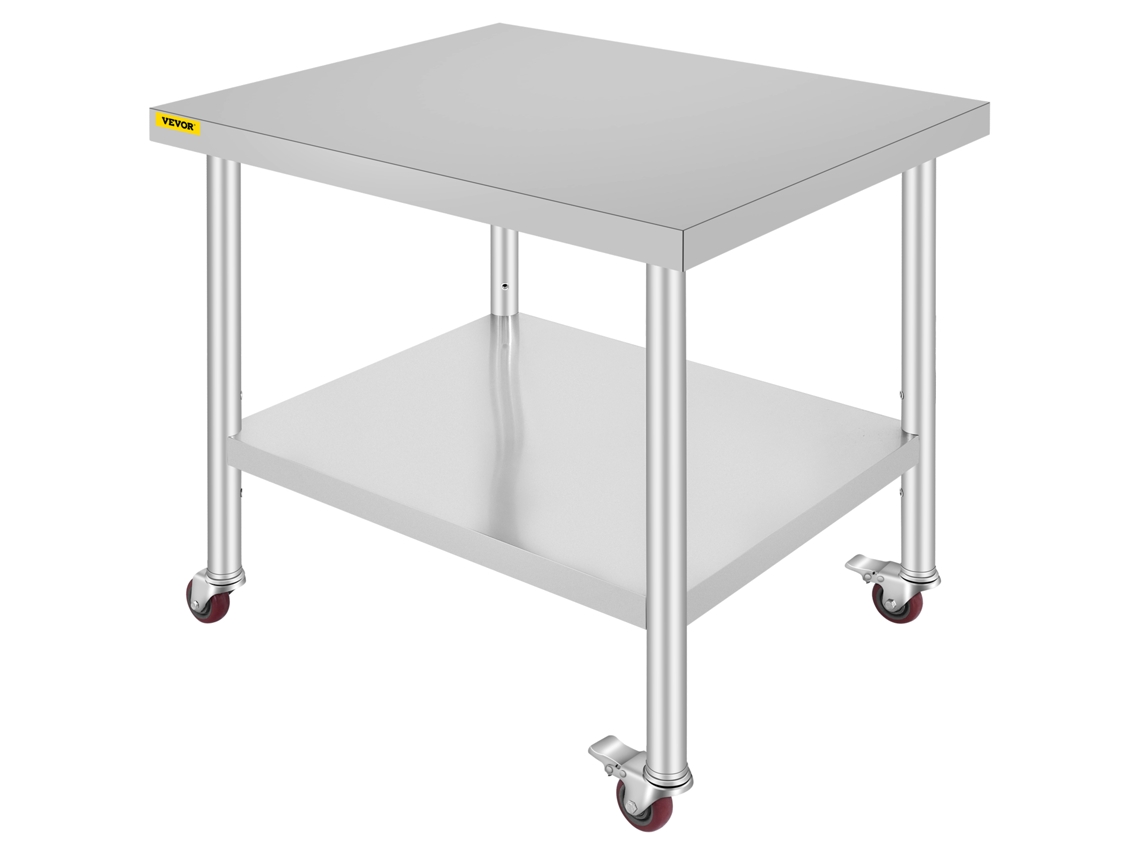 Vevor Mesa de Trabalho de Cozinha de Aço Inoxidável 30 X 36 X 34 Polegadas 2 Camadas com Rodas
