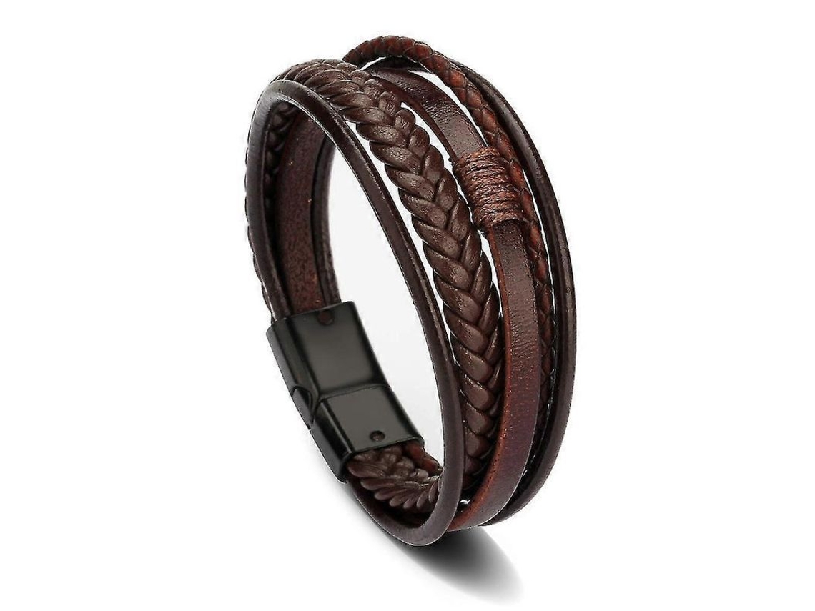 2026 pulseira de Couro Masculina com Fivela Magnética Camadas Tricadas Couro Genuíno