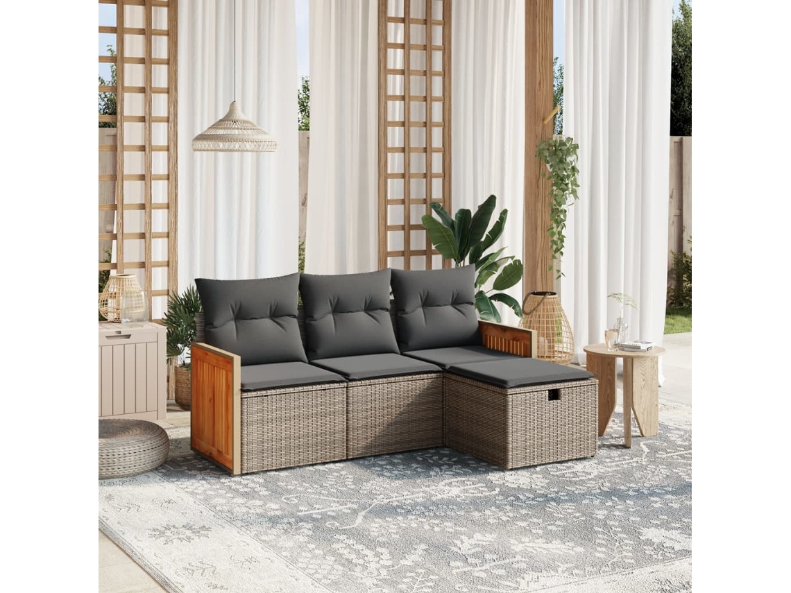Vidaxl 4 Pcs Conjunto Sofás De Jardim C/ Almofadões Vime Pe Cinzento