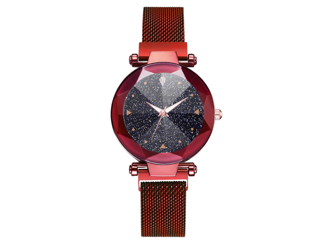 Relógio de Pulso Feminino de Quartzo com Pulseira de Malha e Botão Magnético (vermelho)
