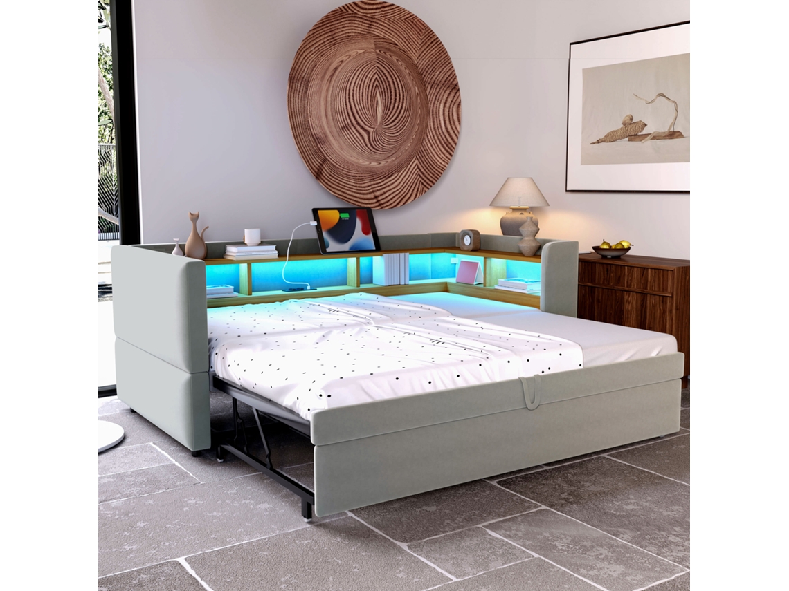 Cama de Casal VSOGA 160x200 cm com Led, Usb, Estrutura Metálica, Ripas, Linho