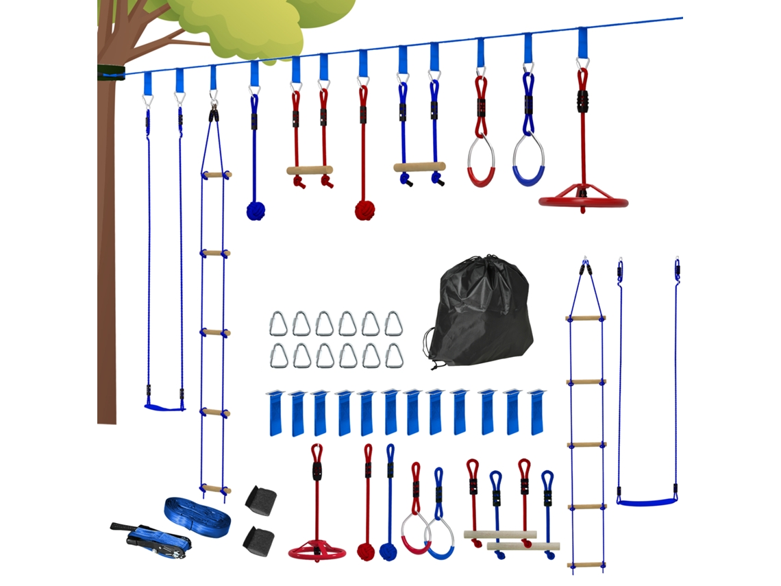 Circuito de Obstáculos Ninja para Crianças: 10 Acessórios, 10m Slackline e Bolsa de Transporte. Azul Ge