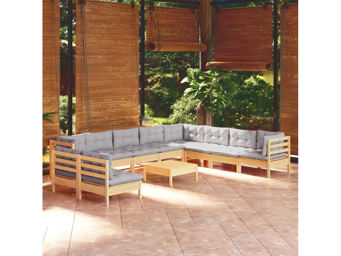 11pcs Conjunto Lounge De Jardim Almofadões Cinza Pinho Maciço Dkd Home Decor