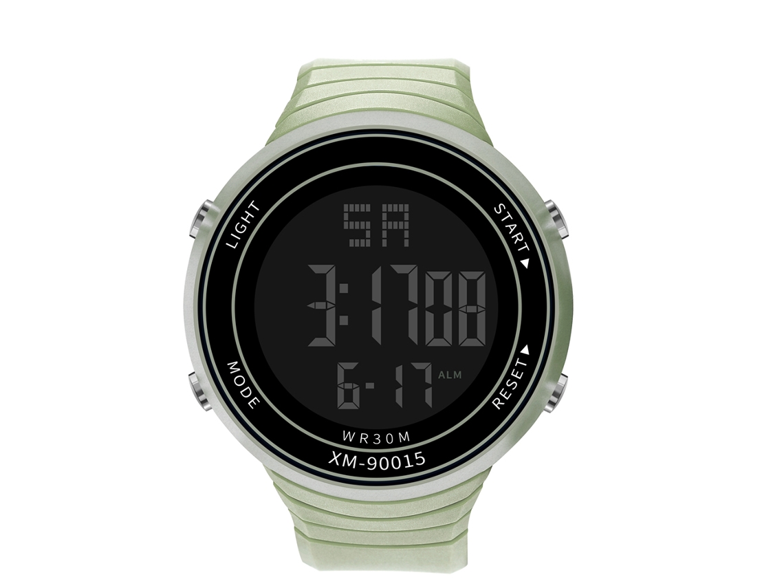 Relógio eletrônico casual, estilo digital, à prova d'água, luminoso, pulseira de PVC verde claro.