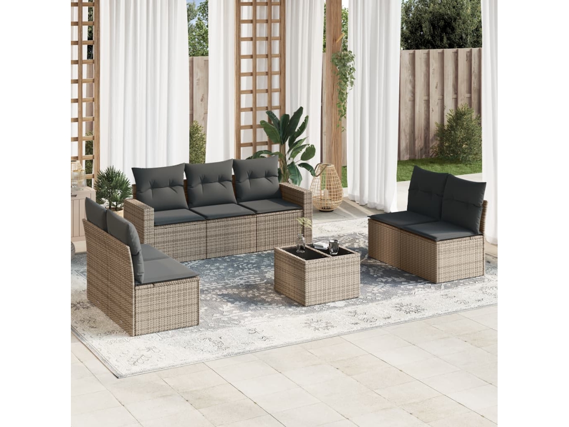 8 Pcs Conjunto Sofás De Jardim C/ Almofadões Vime Pe Cinza Dkd Home Decor