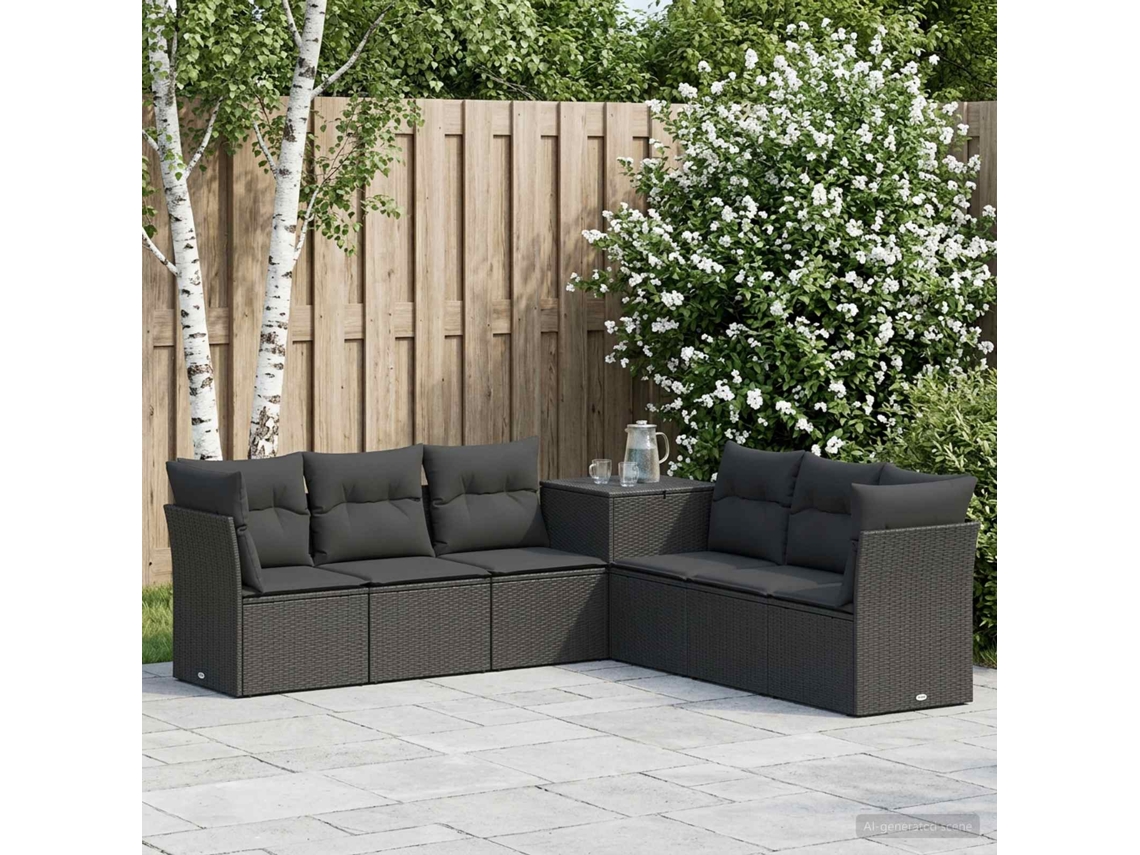 Vidaxl Conjunto De Sofás 7 Unid. Preto Rattan Poliéster E Aço