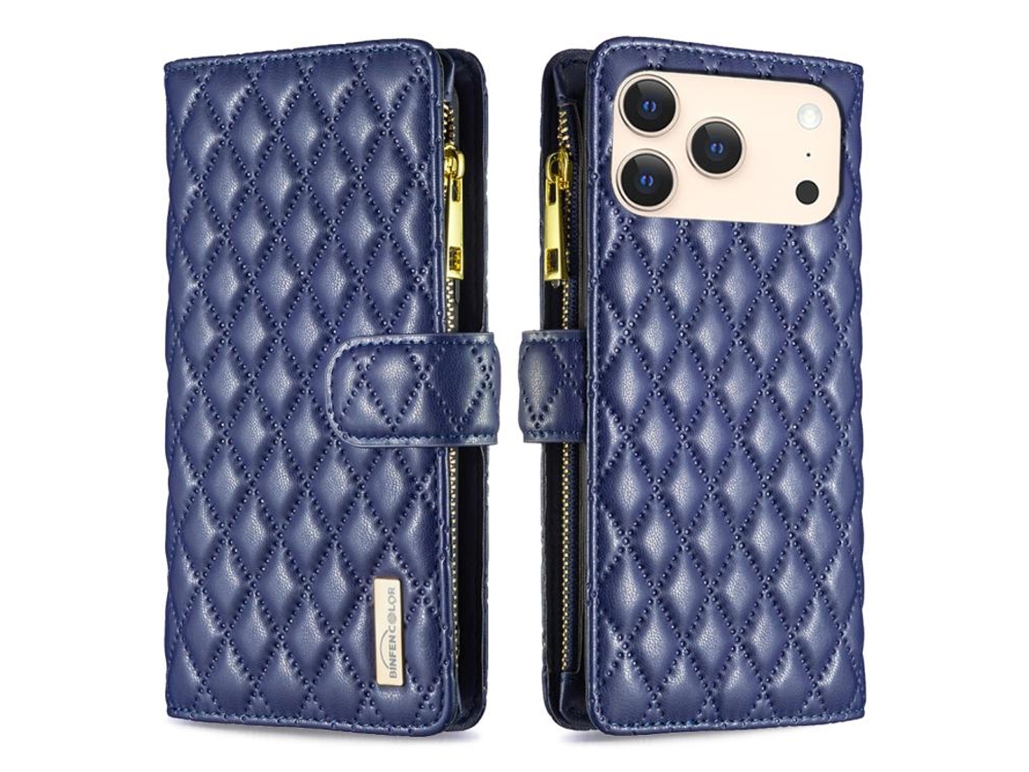 Capa Para Iphone 17 Pro - Couro Com Padrão De Diamante E Zíper