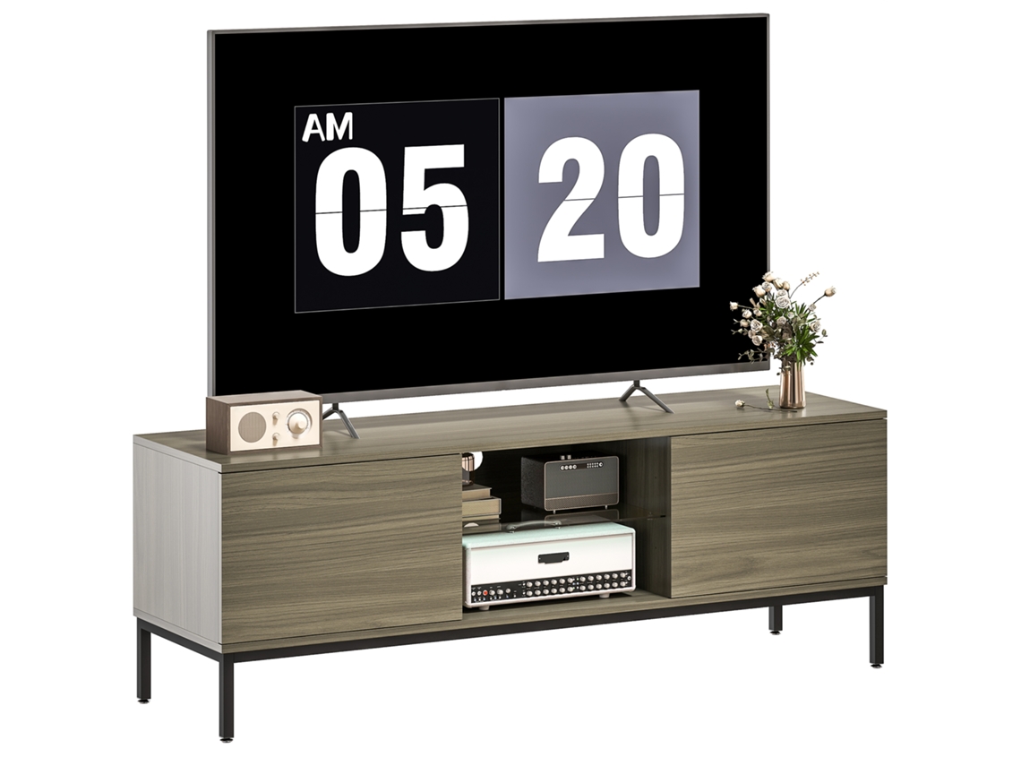 Suporte de TV para até 60 polegadas, com 2 portas e prateleira de vidro ajustável, 140x40x49,5cm, Cinza | S/MARCA