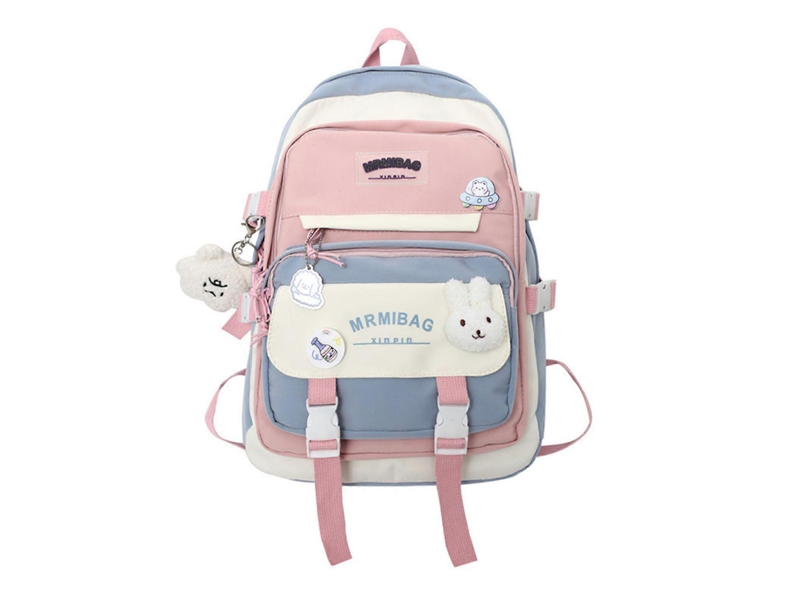 Mochila Feminina Para Laptop, Ideal Para Trabalho, Escola, Faculdade E Viagens. Tamanho Médio, Com Pingente De Pelúcia Fofo Na Cor Azul.