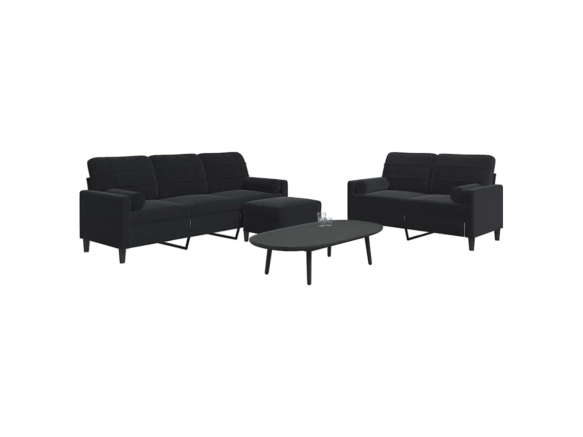 Vidaxl 3 Pcs Conjunto De Sofás Com Almofadões E Rolos Veludo Preto