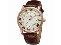 Relógio masculino casual, mostrador redondo, pulseira de PU, movimento mecânico, à prova d'água, ouro rosa.