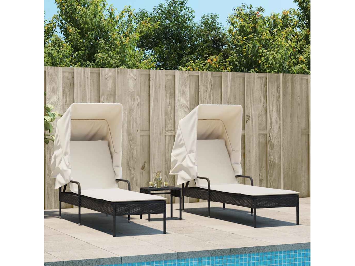 Vidaxl Espreguiçadeiras Com Toldos E Mesa 2 Pcs Vime Pe Preto