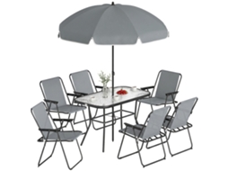 Conjunto Mesa E Cadeiras Jardim 8 Peças Com Guarda-sol, 6 Cadeiras Dobráveis E Mesa De Vidro Temperado, Cinza