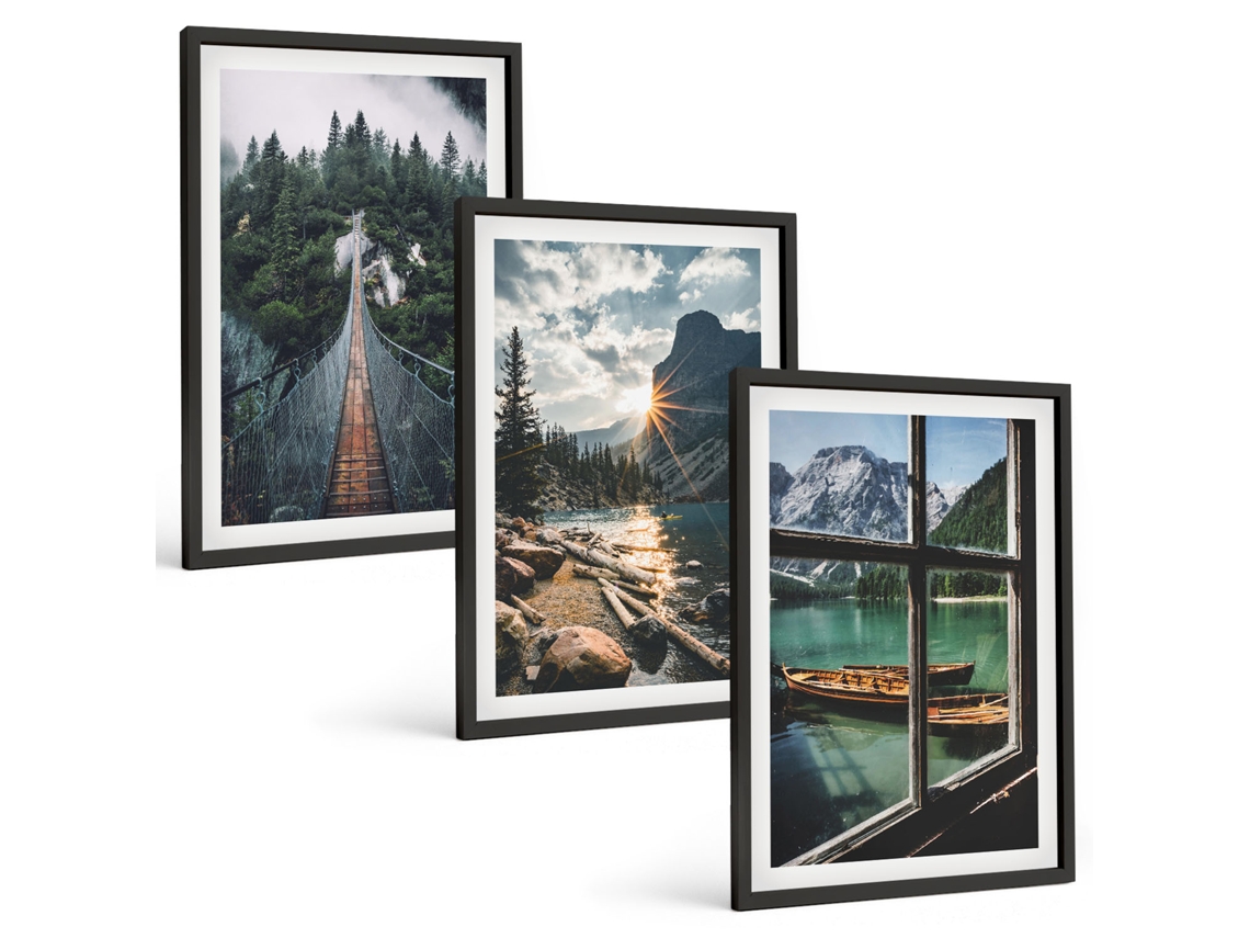 Pinturas Murais Modernas Ponte, Floresta, Lago, Barcos, Montanhas Moldura Preta Imagens Para Um Quarto Infantil Espelharte (3 Piezas De 40x60 Cm)