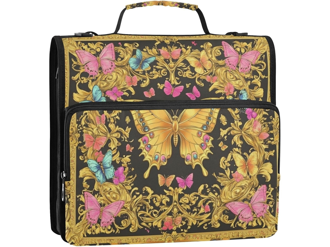 Organizador de Fichário com 3 Argolas, Alça e Vários Bolsos para Escola Escritório. Design Retrô Borboleta. do