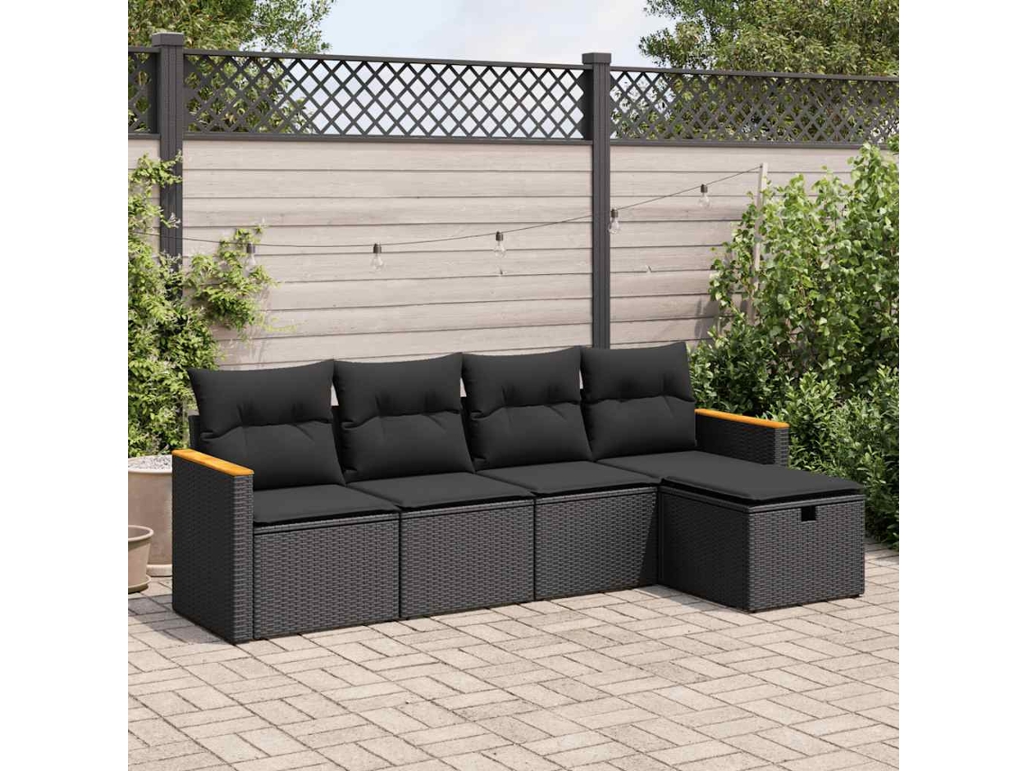 Vidaxl 5 Pcs Conjunto Sofás De Jardim Com Almofadões Vime Pe Preto