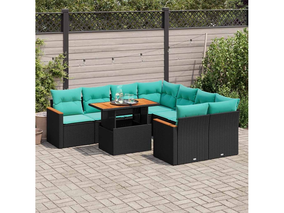 Vidaxl 9 Pcs Conjunto De Sofás P/ Jardim C/ Almofadões Vime Pe Preto