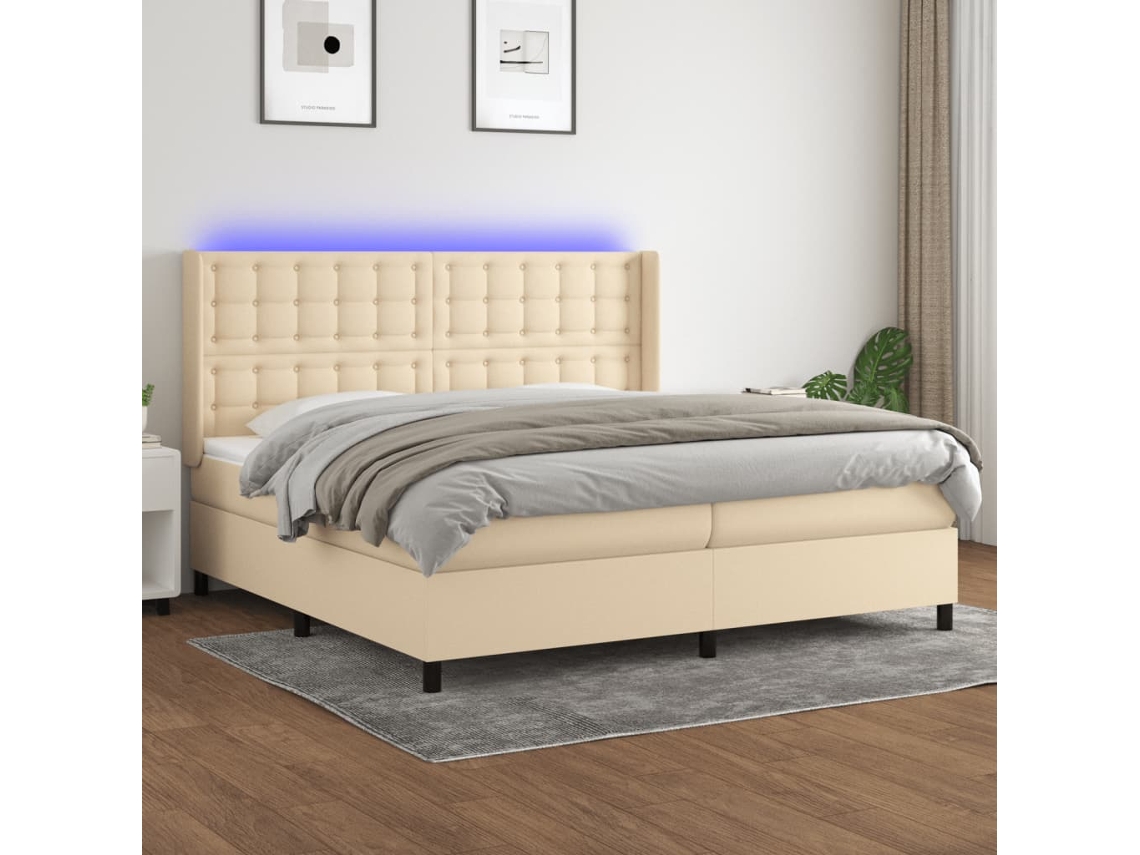 Vidaxl Cama Box Spring C/ Colchão E Led 200x200 Cm Tecido Cor Creme