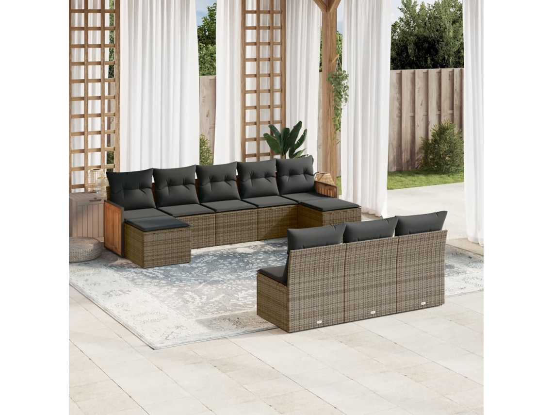 Vidaxl 10 Pcs Conjunto Sofás de Jardim C/ Almofadões Vime Pe Cinzento