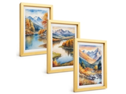 Quadros Espelharte Paisagem Rios De Montanha Com Árvores De Outono Moldura Dourada (3 Peças 20x30 Cm)