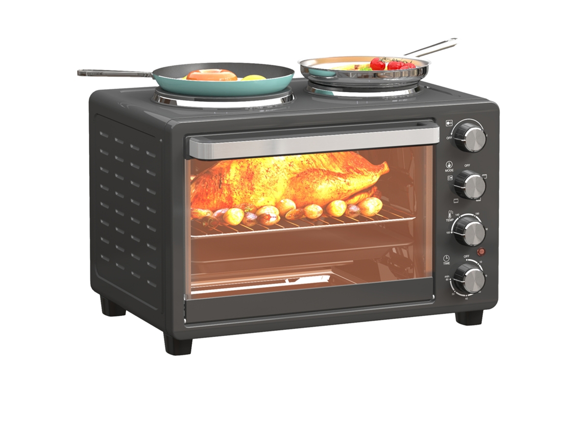 Forno elétrico BTFORUS, 28l, compacto, 2600w, com bandeja e grelha, preto