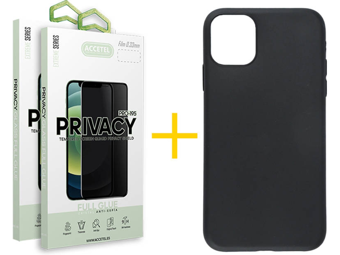 Capa + 2 Películas de Vidro Anti-Spy iPhone 13 Mini ACCETEL Silicone Liso Preto