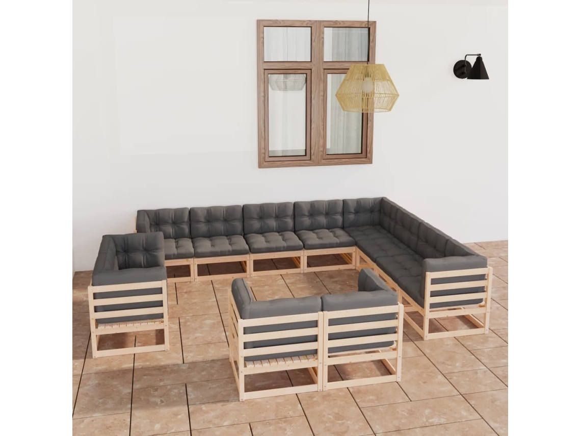 12 Pcs Conjunto Lounge De Jardim Com Almofadões Pinho Maciço Dkd Home Decor