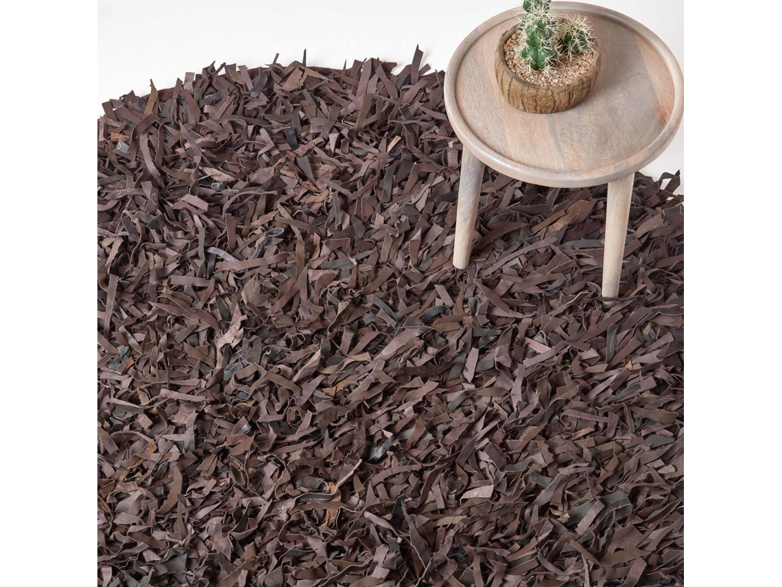 Homescapes Dallas Leather Shaggy Rug Chocolate, 150 Cm Round
