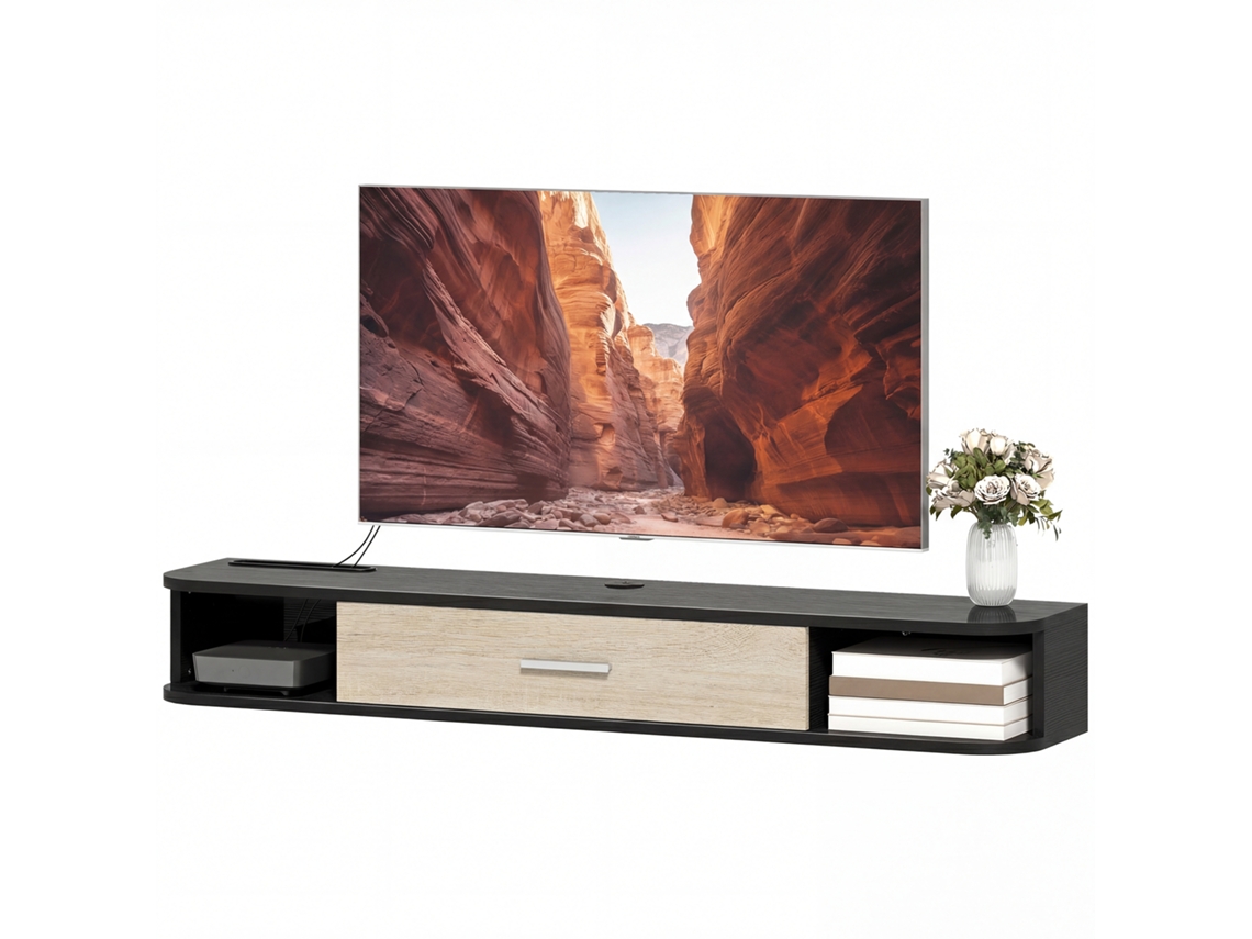 Suporte Tv Parede 120cm Até 50 Polegadas, Porta Rebatível E 2 Prateleiras, Preto