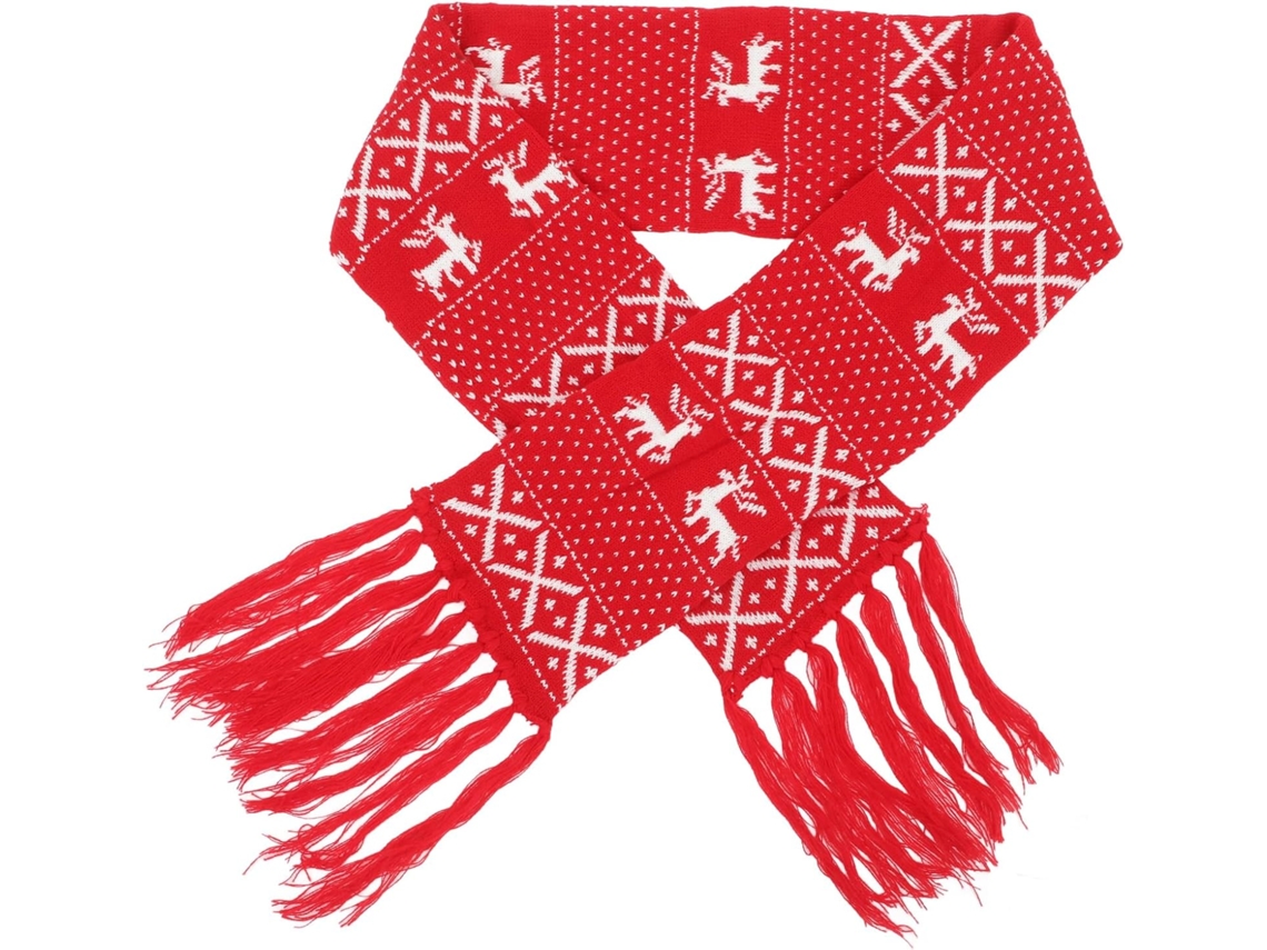 Cachecol Natalino De Lã Vermelha Tricotada, 160 Cm, Cachecol Quente Com Estampa De Cervo E Floco De Neve, Acessório.