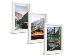 Galeria De Pinturas Murais Lago Na Montanha, Barco, Chalés Moldura Branca Fotos Para O Escritório Espelharte (3 Peças 20x30 Cm)