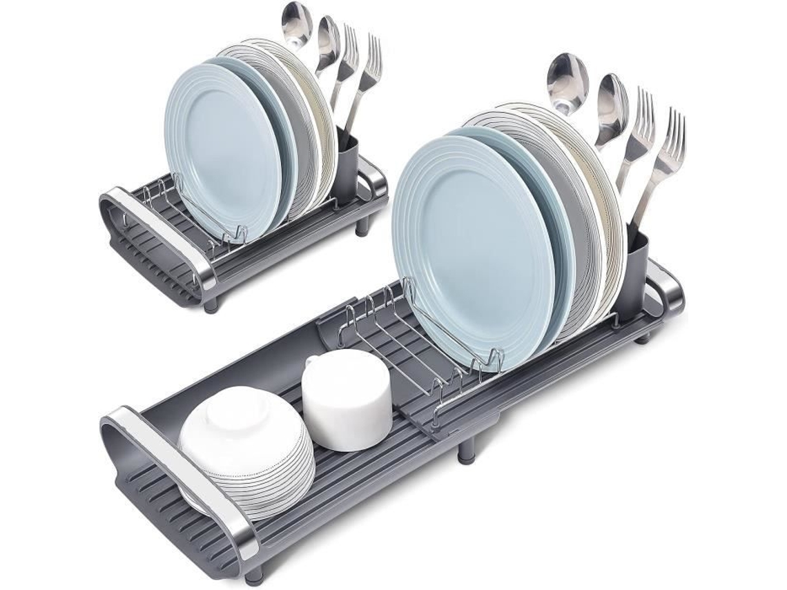 Escorredor de Pratos Expansível Compacto Ajustável de Aço Inoxidável com Cesta de Talheres Pés Antiderrapantes X75