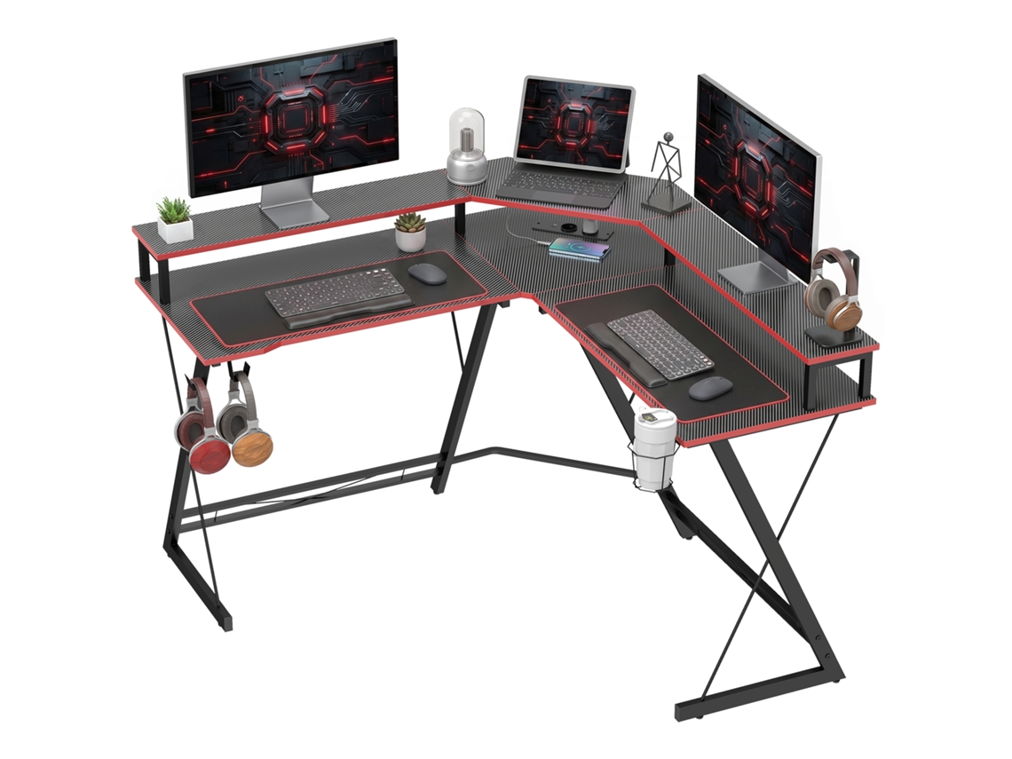 Secretária De Canto Com Tomadas Em Forma De L 128x128 Cm Com Suporte Para Monitor Gancho E Suporte Para Copos Preta