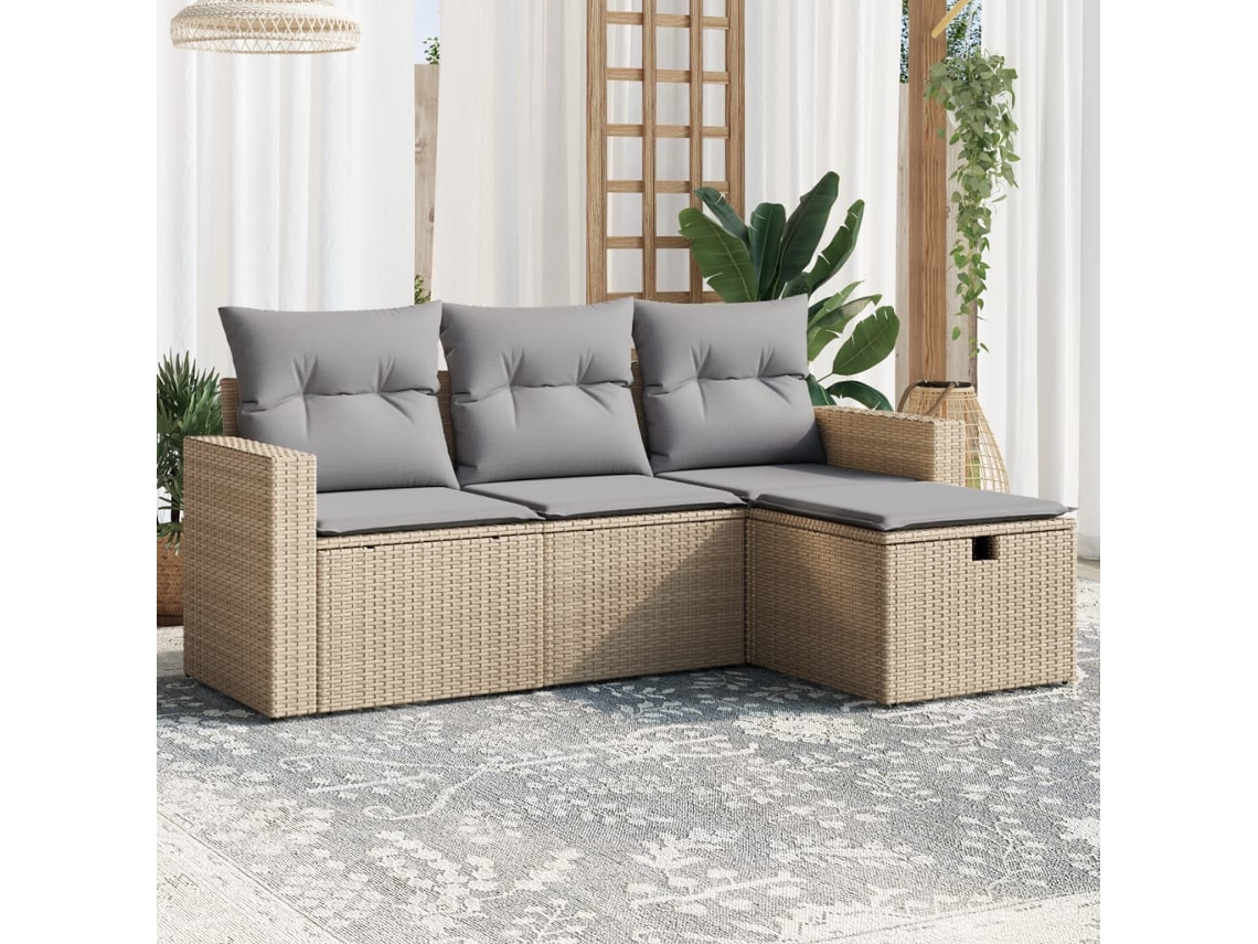 Vidaxl 4 Pcs Conj. Sofás Jardim C/ Almofadões Vime Pe Bege Misturado