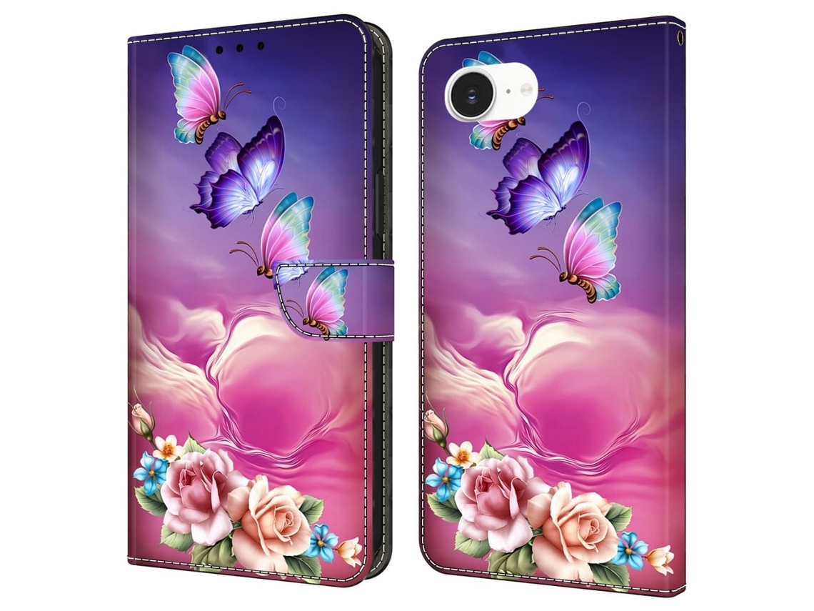 Capa Para Iphone 16e Com Compartimento Para Cartão, Estampa De Borboleta E Flor, Flexível E Feita Em Couro Pu