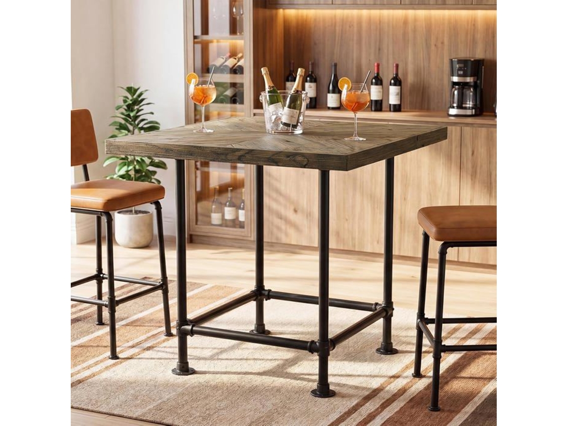 Mesa De Bar Quadrada, Pequena Árvore, 90×90×90 Cm, Mesa De Café Com Tampo Em Madeira Maciça E Estrutura Metálica, Marrom Rústico
