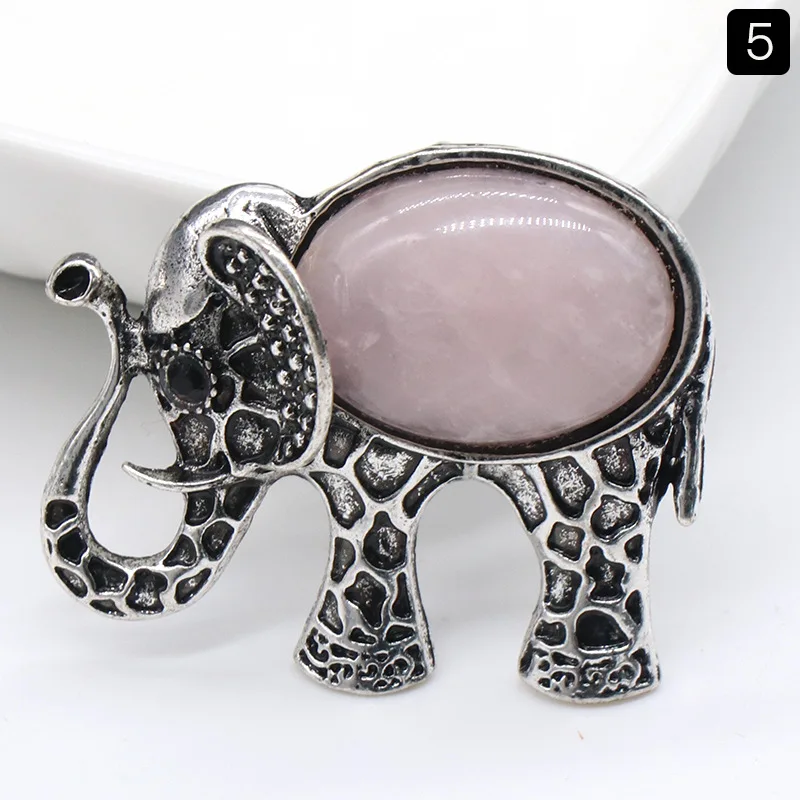 Colar com Pingente de Elefante em Cristal Natural , Broche de Elefante Vintage MDUG (quartzo Rosa)