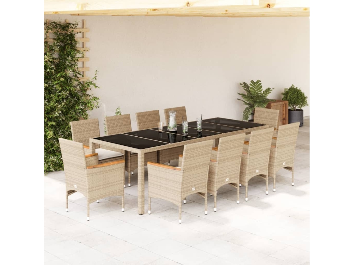 Vidaxl 11 Pcs Conjunto Jantar Jardim Com Almofadões Vime Pe/vidro Bege