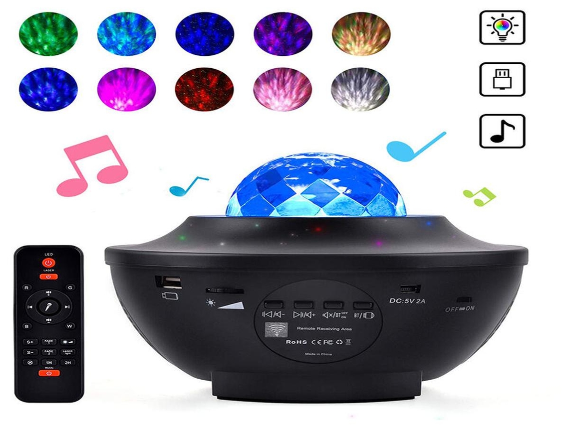 Projetor Lurelia Galaxy com coluna Bluetooth, controle remoto, LED, céu estrelado e sol integrado, ideal para quarto.